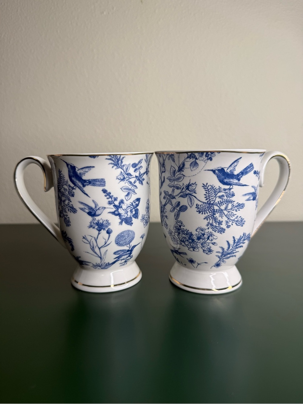 Grace Teaware Blue Bird Toile Fine Porcelain Footed Mug Set of 2 Cottagecore